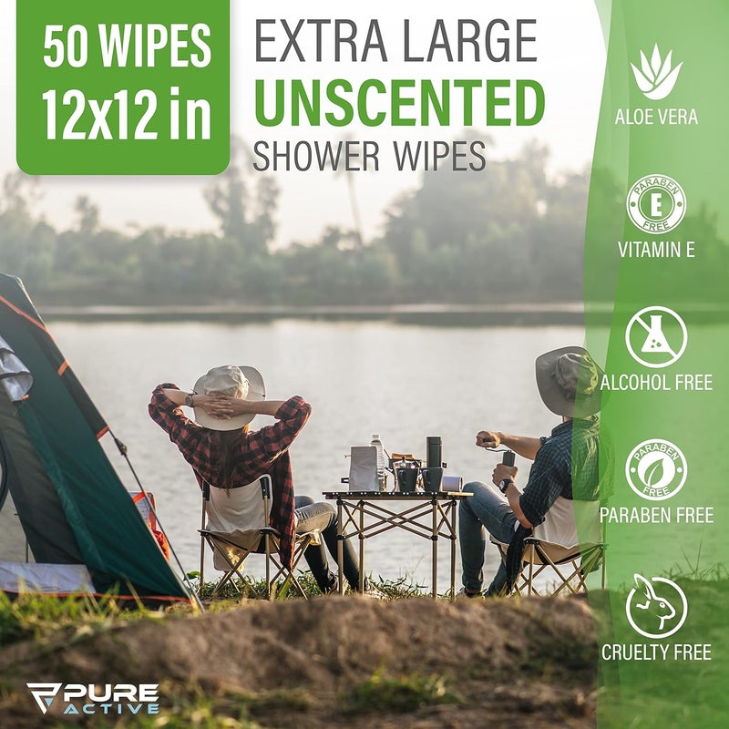Pure Active Body Wipes for Camping 50 XXL Camping Wipes 12''x 12'', Shower Body Wipes for Camping, Body and Face Wipes, Biodegradable Personal Hygiene Body Cleansing Wipes for Women Men Kids Elderly Travel - Image 5